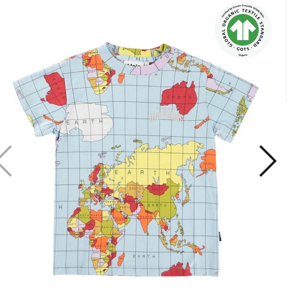 EUC Molo Multicolor World Map Short Sleeve Tee SZ 140 organic cotton